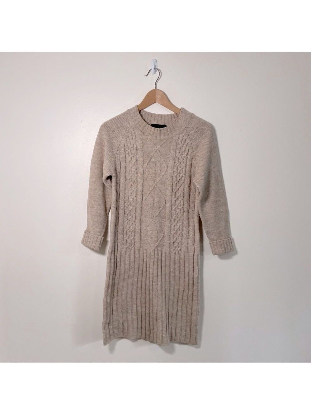 Vintage Designer Handmade Sweater Dress Beige Wool Blend Medium Large